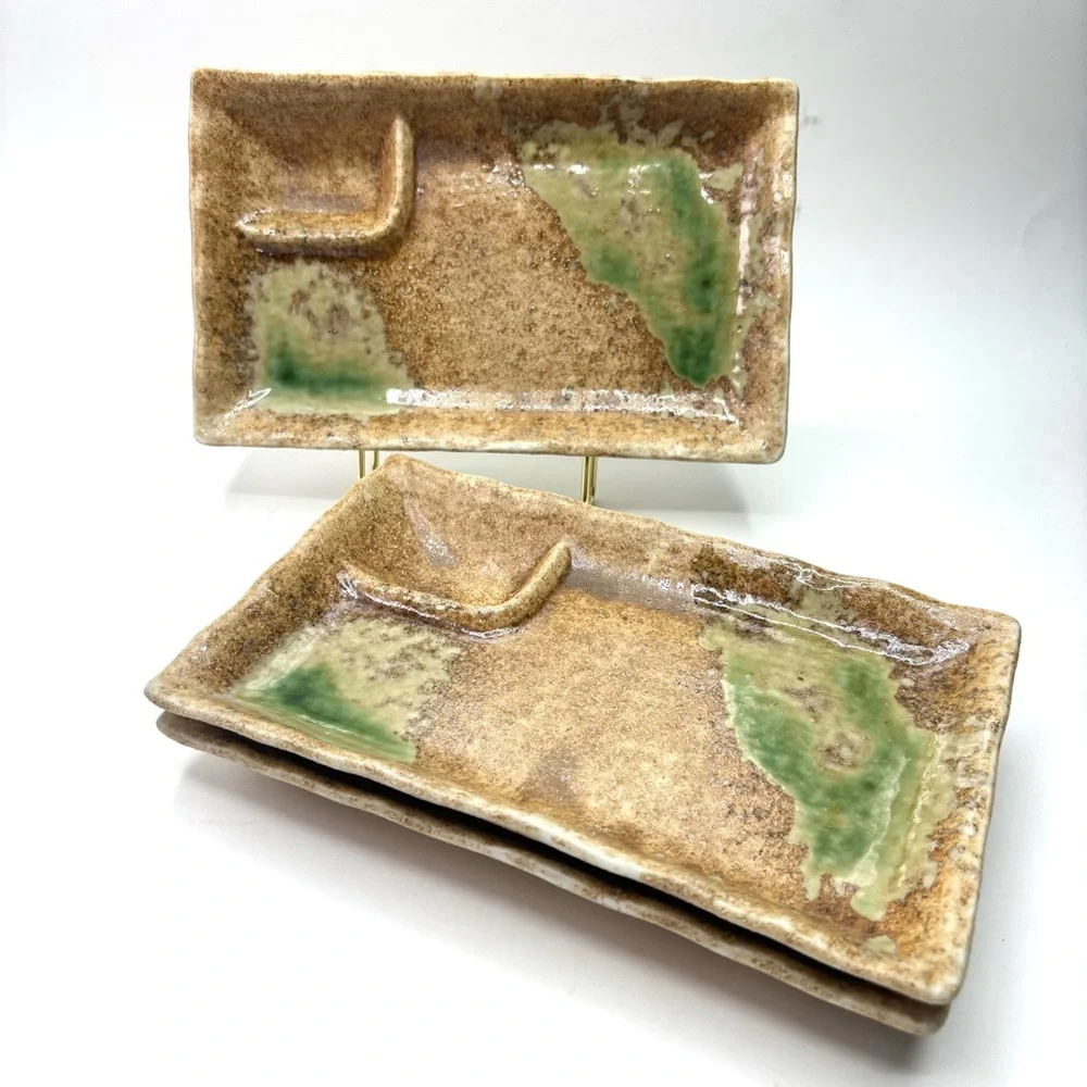 Japanese Set of 3 Doki Yakimono Sectioned Sushi Plates in Tan and Green Glaze